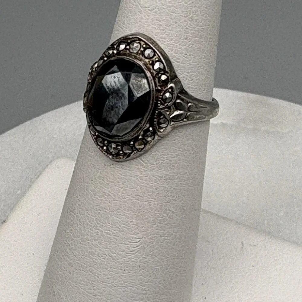 Vintage Sterling Silver Ring 925 Size 5.25 Hematite CZ Pretty Victorian Revival